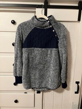 Cozy Heather Gray and Navy Snap-Shoulder Sherpa Pullover